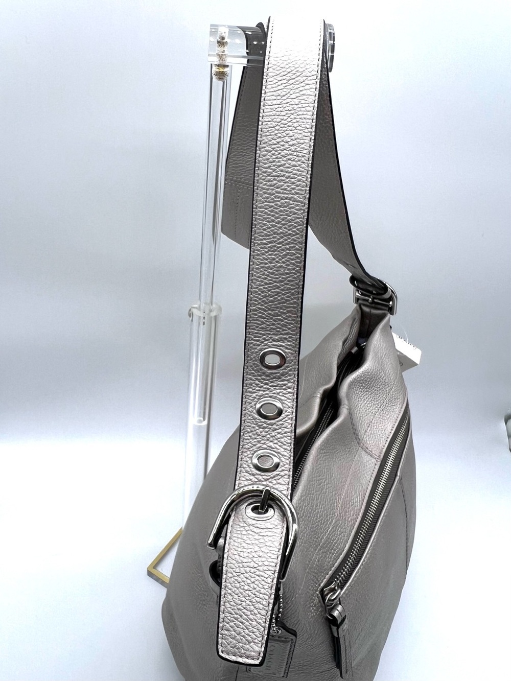 Coach Metallic Silver Pebbled Leather Duffle Shoulder Bag NWT - Picture 4 of 16